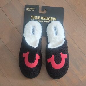 True Religion Black Slippers with Pink Logo